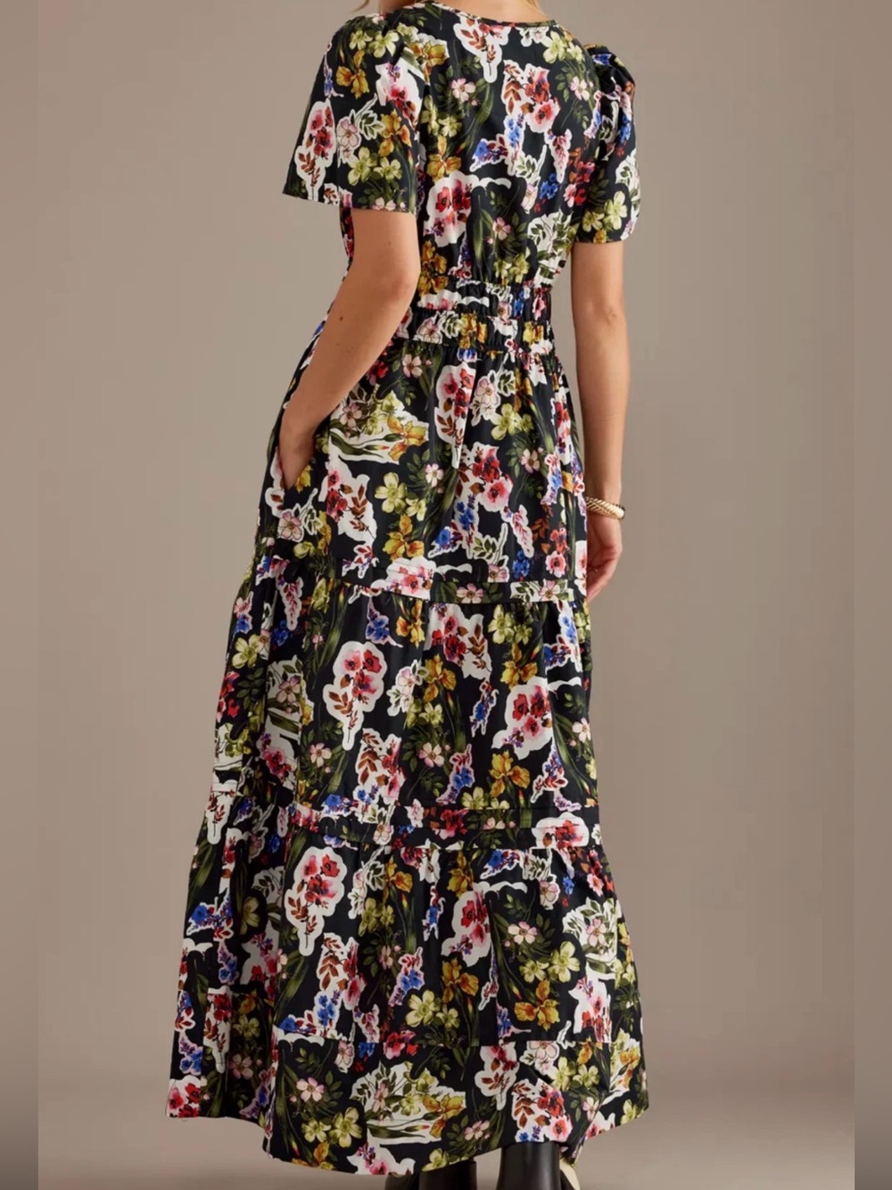Anthropologie The Somerset Maxi Dress Short Sleeve Black Floral Smocked Waist XL - Picture 7 of 11